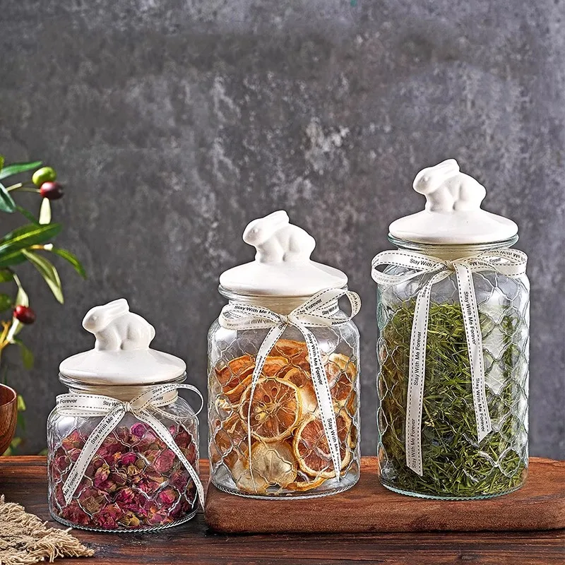 Food Storage Acrylic Containers - Transparent Glass Sealed Jar, Ceramic Lid,